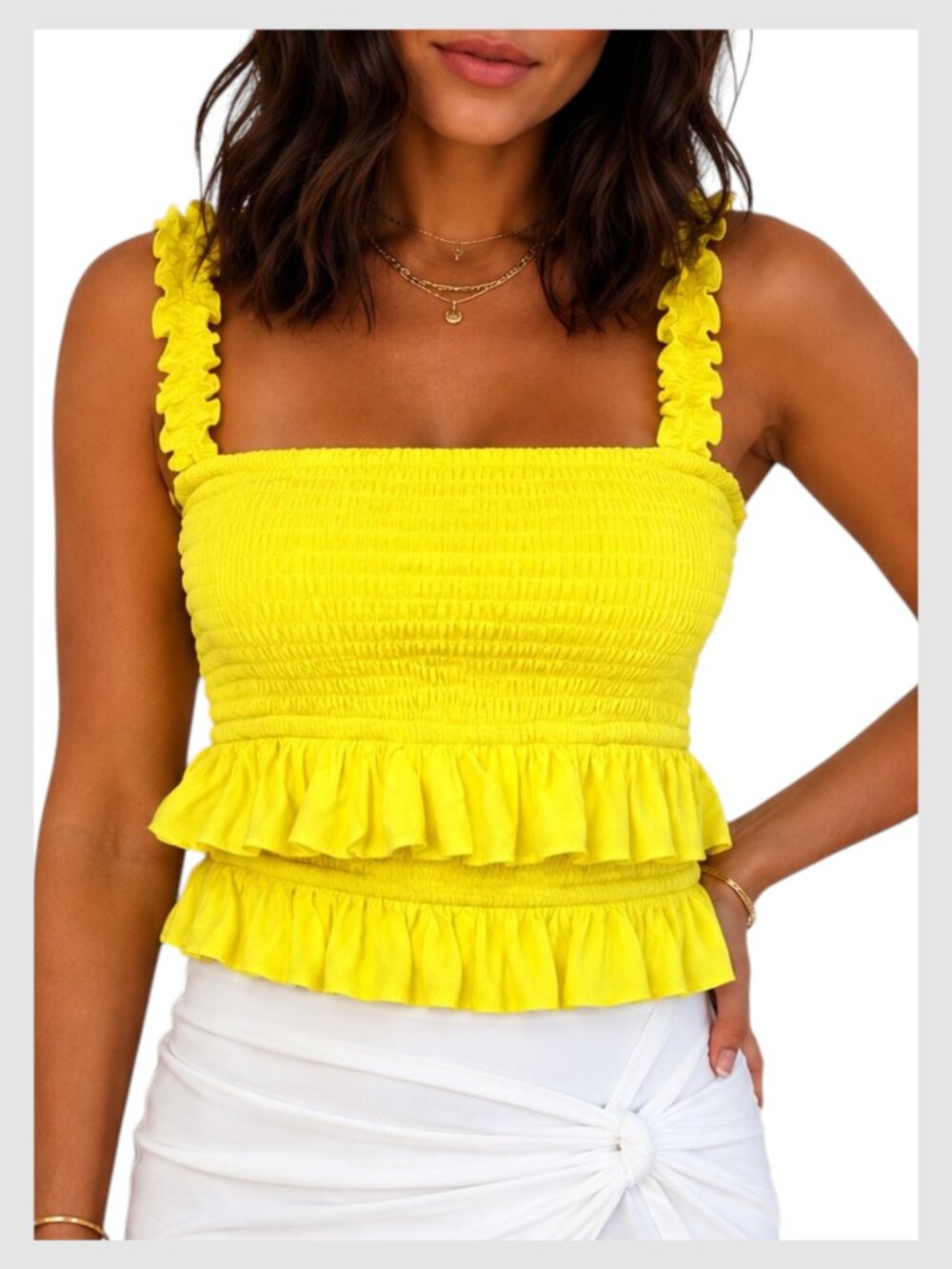 Lovers + Friends Smocked Ruffle Crop Top Yellow S